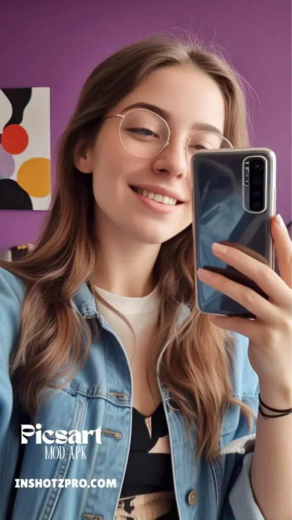 Download PicsArt Mod APK v28.9.6 (Premium & Gold Unlocked) for Android 1 Lady using mobile photo editor while taking a stylish selfie with a purple background